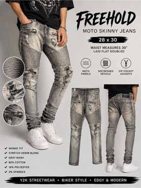 Freehold Distressed Moto Skinny Jeans Gray Wash Men’s 28x30 Streetwear